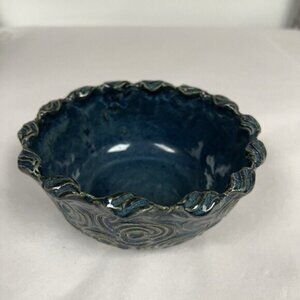 Pottery coil Dish Decorative Handmade bowl stamped DP Blue